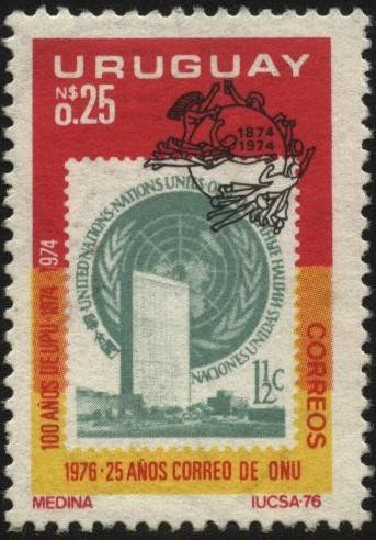 Edificio sede de la ONU en Nueva York. 25 años del correo de la ONU. 100 años de UPU. 