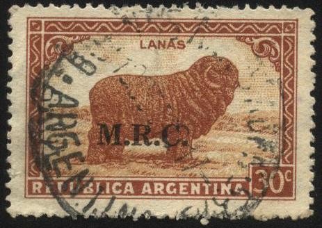 Sellos ministeriales de la República Argentina. Riquezas Argentinas. Lanas. Sobreimpreso M.R.C. Mini