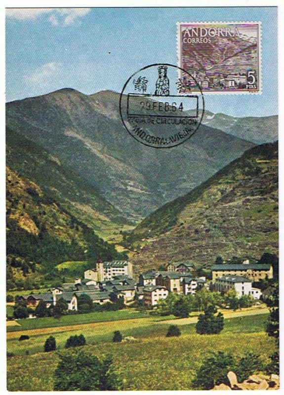 Andorra.  Vista del valle de Ordino  Primer día de circulación del sello