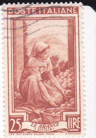 Campesina recogiendo naranjas