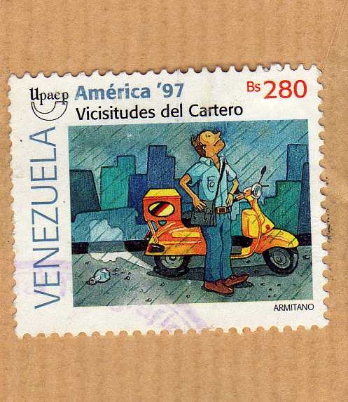 Scott 1574. El cartero en scooter con lluvia (1997).