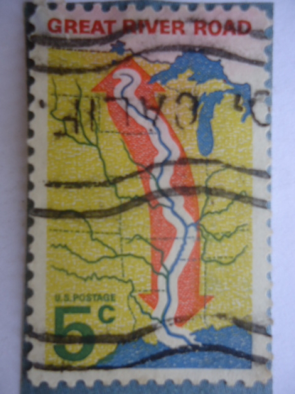 Great River Road - (Gran Camino fluvial) Map of Central United States with Great Road.