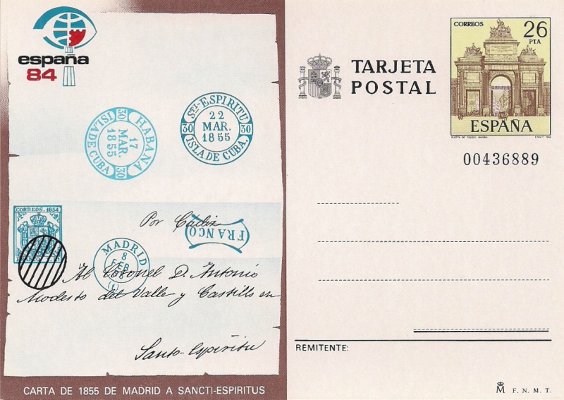 Carta de 1855 de Madrid a Sancti-Espiritus. España 84