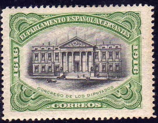 ESPAÑA 1916 286 Sello Nuevo III Centenario de la muerte de Cervantes Congreso de los Diputados FR-16