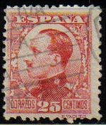 ESPAÑA 1930 495 Sello Alfonso XIII 25c. Tipo vaquer de perfil Usado con nº control al dorso