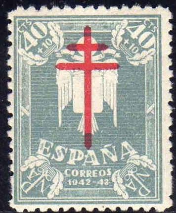 ESPAÑA 1942 959 Sello Nuevo Pro Tuberculosos Cruz de Lorena en Carmin