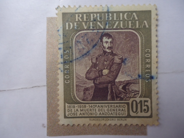 140º Aniversario de la Muerte del General José Antonio Anzoategui 1819-1959.