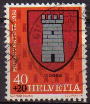 Suiza 1981 Scott B485 Sello Heraldica Pro Juventud Torre usado Switzerland Suisse 