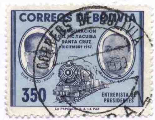 Conmemoracion de la Inauguracion del ferrocarril Yacuiba-Santa Cruz. Siles Suazo-Aramburu, President