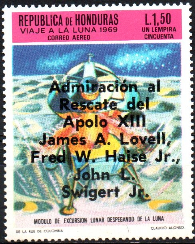 SOBREIMPRESIÓN.  RESCATE  DEL  APOLO  XIII.  MÓDULO  LUNAR  DESPEGANDO.