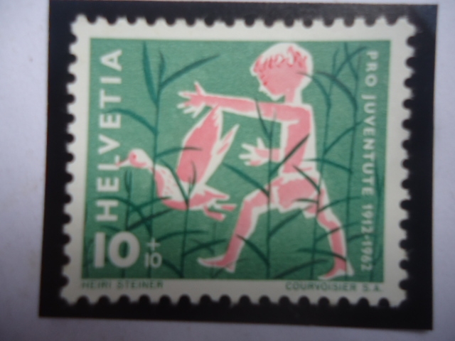Niño y el Pato - Pro Juventud 1912-1962 - 50 Aniversario -Sello de 10+10 Céntimos Suizo.