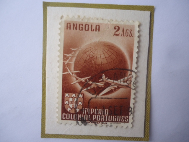 Imperio Colonial Portugues -Globo Terraqueo-Aviones- Sello de 2 Angolar Angoleño. Año 1949.