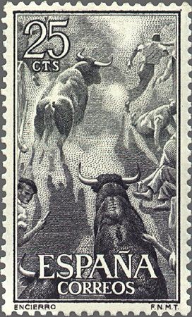 ESPAÑA 1960 1256 Sello Nuevo Fiesta Nacional Tauromaquia Toros Encierro Yv945