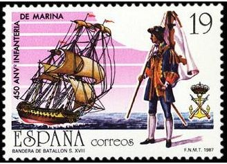 ESPAÑA 1987 2885 Sello Nuevo 450 Aniv. Creación del Cuerpo de Infanteria de Marina Navio s.XVIII