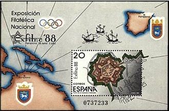 ESPAÑA 1988 2956 HB Exposición Filatélica Nacional EXFILNA'88 Plano Cidadela Pamplona MichelB32 Scot