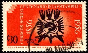 Flor azteca, símbolo Xochitl. Centenario de la estampilla en México. 1856 - 1956.