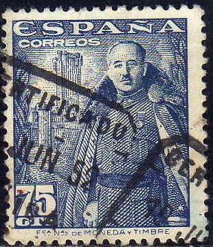 ESPAÑA 1948 1031 Sello General Franco y Castillo de la Mota 75c usado