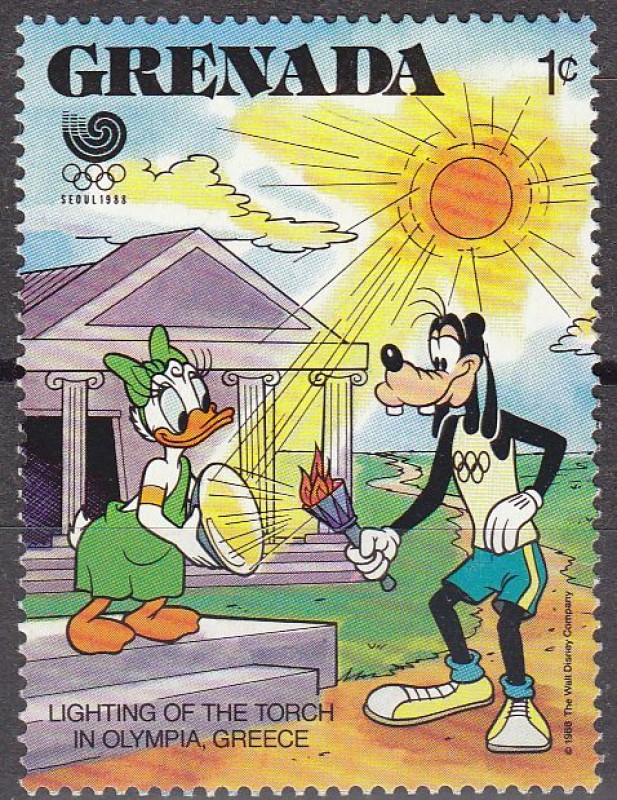 Granada 1988 Scott 1582 Sello ** Walt Disney Juegos Olimpicos de Seul Pluto y Daisy encendiendo la a